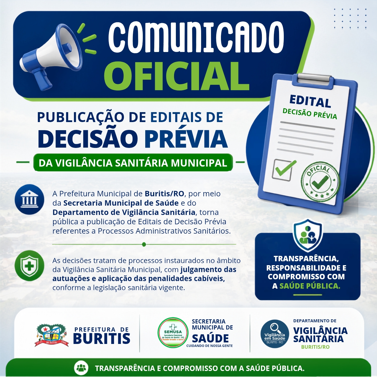 COMUNICADO OFICIAL -  Editais de Decisão Prévia referentes a Processos Administrativos Sanitários